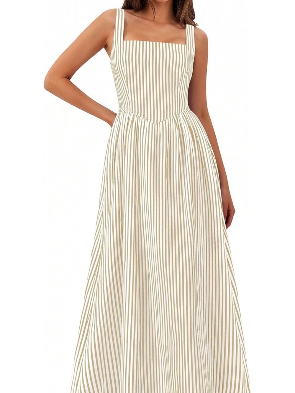 #97 Pretty Garden Maxi Dress with Square Neck, Beige striped